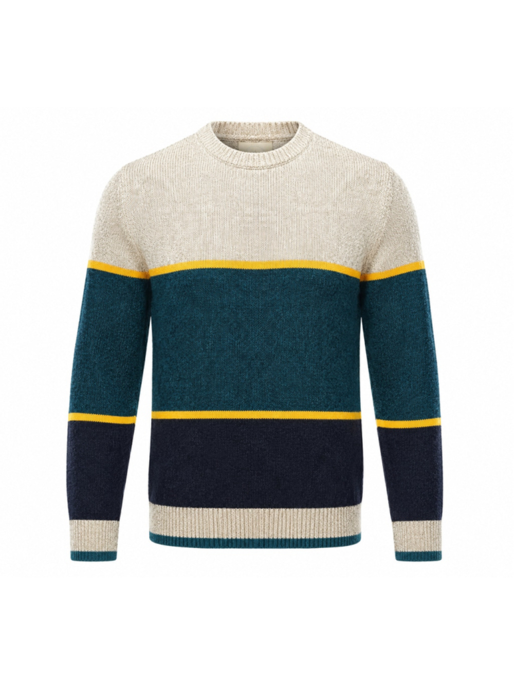 O'Hanlon Mills Men's Crewneck Sweater Sz M Tan/Teal Striped Lambswool Colorblock